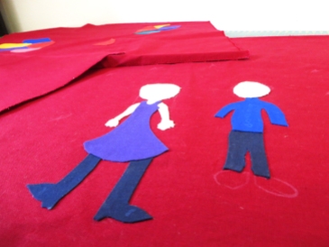 Colorfull Custom made square pillows children's drawing detail appliqué, piecing on wine red cotton